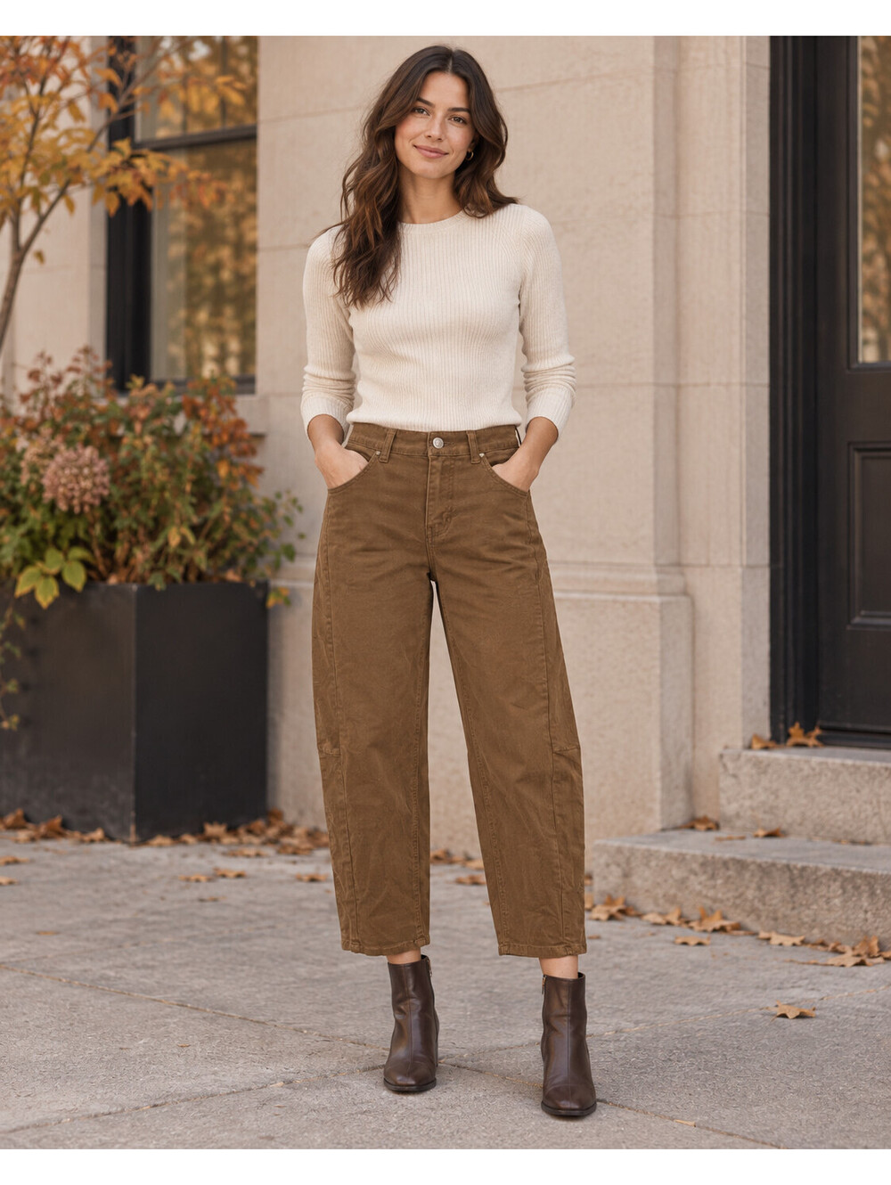 Forever 21 Barrel Jeans Womens 27 Brown High Rise Cropped Stretch Casual Fall